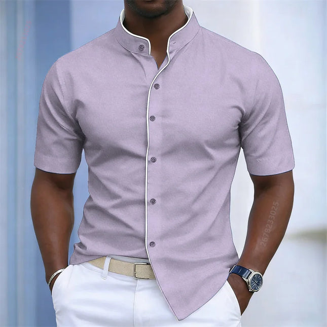 20 Colors Summer Men's Stand Collar Short Sleeve Shirt, Color Block Fashion Design, Slim Fit Business Casual Shirt, Sizes XS-6XL