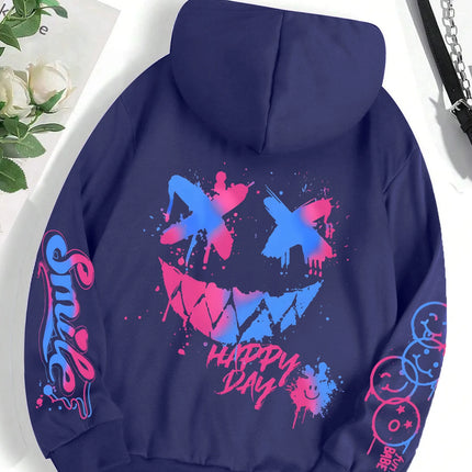 Happy Day Graffiti Print Women Hoodie Street Hip Hop Hoody Fashion Crewneck Versatile Hoodies Vintage Oversize Clothes Female