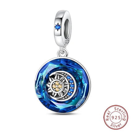 100% 925 Sterling Silver Blue Round Crystal Life Tree Angel Star Moon Pendants Charms Fit 925 Original Bracelets DIY Jewelry