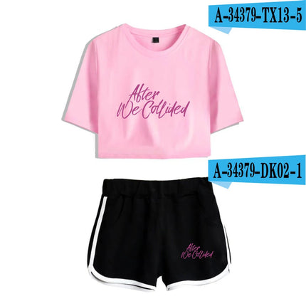 Youthful Black White After We Collided Girl Dew navel Two Piece Set Sexy Short Sleeve Crop T-shirts+Shorts Pants Tracksuit