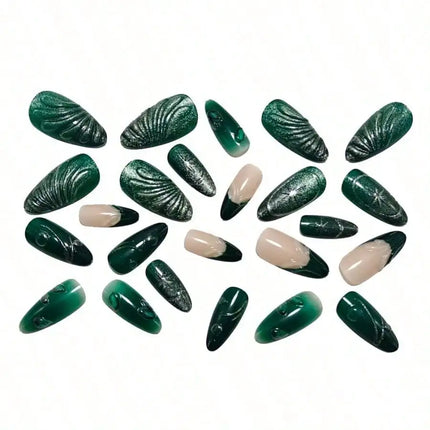 24Pcs Cool-Tone Green Press On Nails 3D Wavy French Cat Eye For Women Party Daily