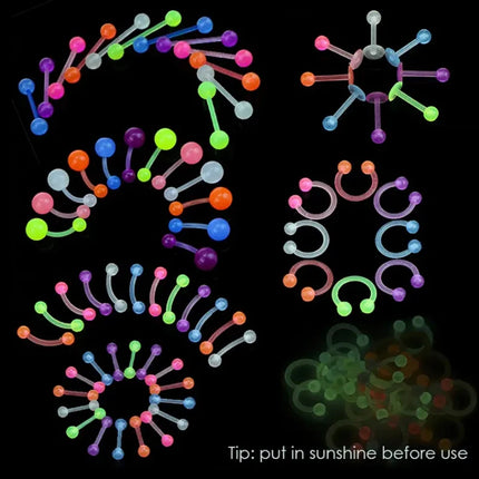 10/60pcs Glow In Dark Flexible Tongue Belly Lip Eyebrow Septum Ear Cartilage Daith Helix Piercing Earrings Punk Body Jewelry
