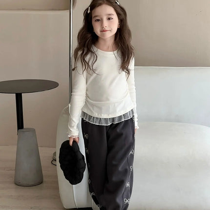 Girls Lace T-shirt 2024 Autumn New Slim Fit Girl Top Children Stylish Versatile High Elasticity Knitted Sweater