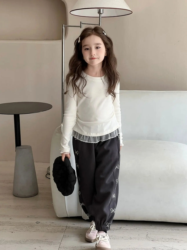 Girls Lace T-shirt 2024 Autumn New Slim Fit Girl Top Children Stylish Versatile High Elasticity Knitted Sweater