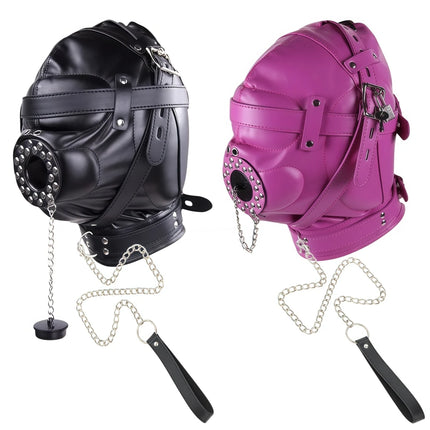 PU Leather Full Head Bondage Hood Mask Adjustable BDSM Headgear Blindfold with Chain Leash Role Play Costume Accessories