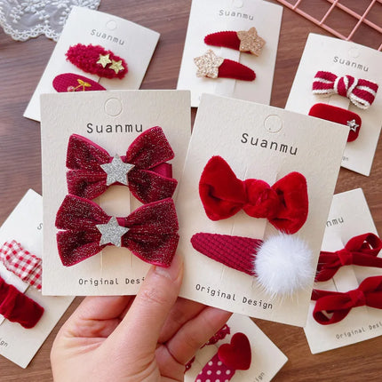 Korean Wine Red Velvet Children's Hair Clips Stylish Versatile Fabric Bow Broken Bangs Clips New Year Christmas Girls' Hairpins