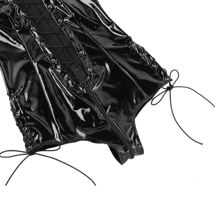 Women Wetlook Shiny PVC Leather Jumpsuits Erotic Porn Leotard Clubwear Deep V Lace-up Bodysuits Sexy Zipper Open Crotch Catsuits