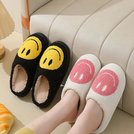 Cute Smiles Women's Fluffy Slippers Winter Indoor Closed Toe Warm Couple Slippers Woman Non-slip Flat Heel Fur Home Slides Shoes