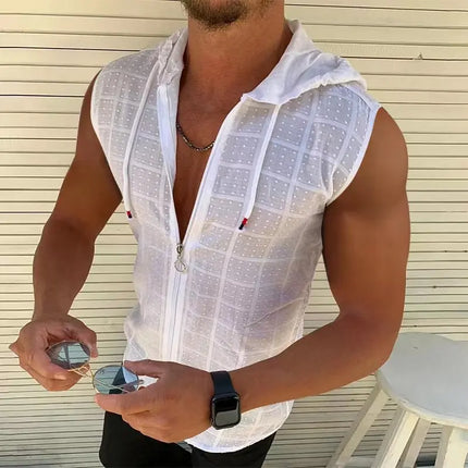 5 colors available for men's hooded sleeveless zipper plaid men's sportswear Slim fit breathable men's casual breathable shirt