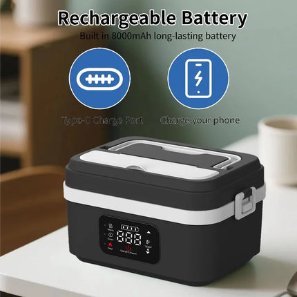 Portable Cordless Electric Lunch Box with 8000mAh Battery, 60W Fast Heating, 6 Temp Levels, 1L Capacity, USB-C, Food Warmer