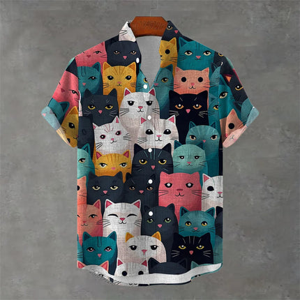 Men's New Short-Sleeved Shirt, Cartoon Cat Print, Hawaiian Style Casual Vacation Lapel Top, Wrinkle-Resistant and Non-Iron.