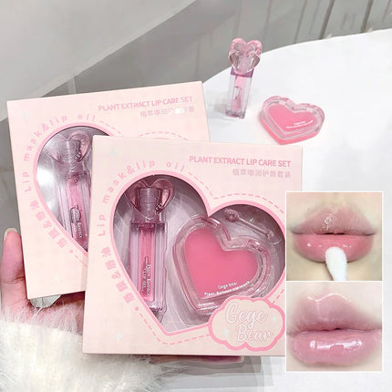 Pink Heart Lip Care Set Moisturizing Reduce Dry Wrinkles Transparent Tint Mirror DUDU Lip Oil Lip Mask Girl Lipstick Makeup Base