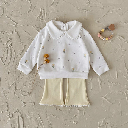 1-3 Years Baby Girl Clothes Pink Peter Pan Collar Sweatshirt and Flare Pants Set Floral Embroidery Toddler Outfit