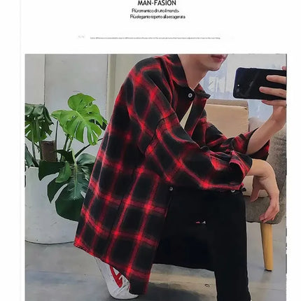 Casual Plaid Long Sleeve Men's Shirt Autumn Korean Style Loose Fashionable Outerwear Couple's Casual Shirt Comfortable Fit