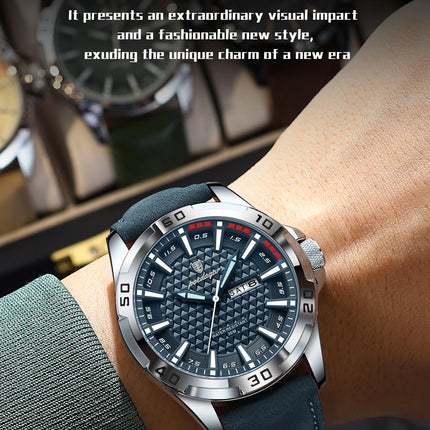 POEDAGAR Top Fashion High Quality Men's Watch Waterproof Luminous Date Week Watch for Men Leather Military Men's Quartz Wristwatch