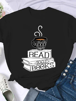 Coffee Books Brown books American retro T-shirt woman round neck half sleeve T-shirt printed T-shirt top woman oversized