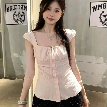 Pure Desire Pink Square Collar Short Sleeve Women's Shirt Summer Slim Fit Sweet And Spicy Girl High End Versatile Casual Waist C