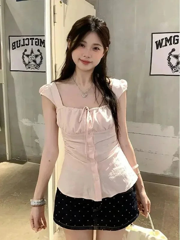 Pure Desire Pink Square Collar Short Sleeve Women's Shirt Summer Slim Fit Sweet And Spicy Girl High End Versatile Casual Waist C