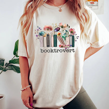 Booktrovert Fashion Casual T-shirts Funny Book Lover Summer Short Sleeve Tee Trendy Vintage Bookish Flower Classic Tops Clothes