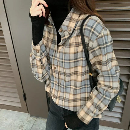 Korean Style 2024 Early Autumn Collection Loose Fit Vintage Hongkong Flair Plaid Striped Long Sleeve Shirt Women's Thickened Inn