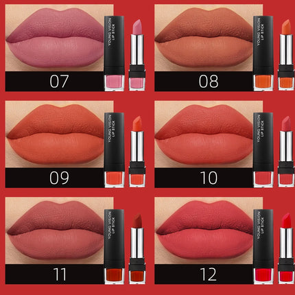 YOUNG VISION 12-Color Velvet Lipstick Long-Lasting Nude Waterproof Matte Non-Transfer Lipstick Women's Cosmetics Makeup