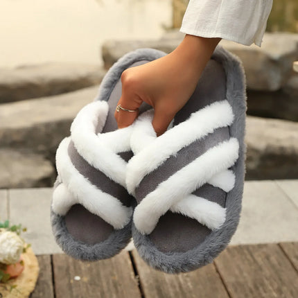 2025 New Furry Slippers Home Women's Fluffy Slides Autumn Winter Indoor Fashion EVA Light Cross Flip Flops Soft Flat Shoes Woman