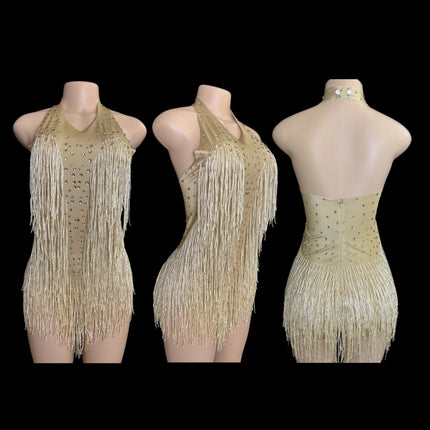Sparkly Rhinestones Fringe Bodysuit Women Nightclub Party Dance Costume Stage Wear Sexy Tassel Leotard Performance Clothing 7G