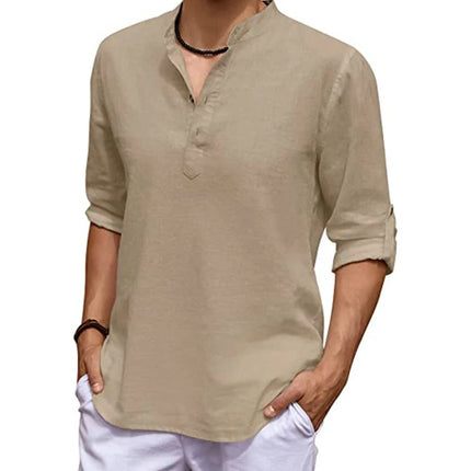 New Men's Linen Long Sleeve V-neck T Shirt Solid Color Oversize Casual Shirt Cotton Shirt Plus Size Yoga Button Shirts for Men