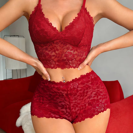 Floral Lace Women's Underwear Set Hollow-Out Wireless Sexy Bras Unlined Bra Breathable Hot Lingerie Sheer Women's Panties