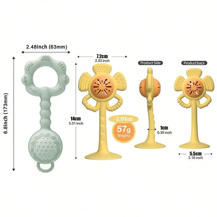 Silicone Baby Rattle and Teether Toy Set with Suction Cup Base Flower Shaker Infant Grasping Toy Food Grade BPA Free