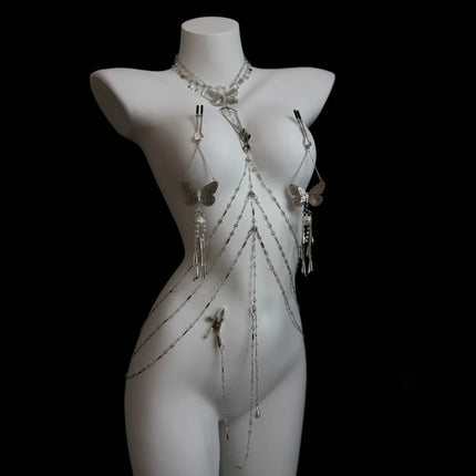 Sexy Body Chain Butterfly Nipple Clamp Breast Massager BDSM Necklace Nipple Ring Anal Plug Clitoris Clip Anal Stimulator Adults