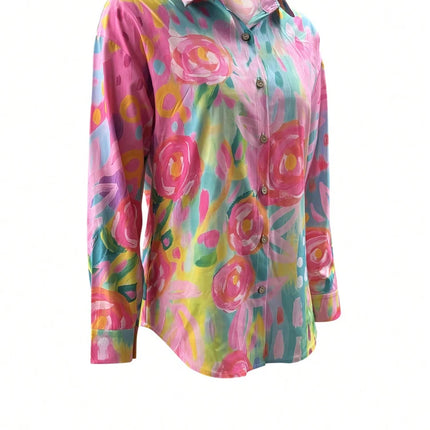 Plus Size 2025 New Women's Crushed Flower Printed Button Casual Shirt Trendy Fashion Polyester Best Choice for Spring and Summer