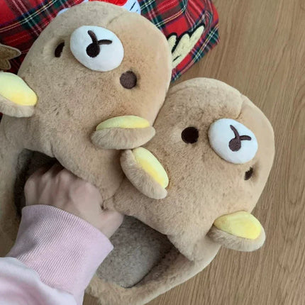 Cute Rilakkuma Unisex Cotton Slippers Warm Indoor Outdoor Anti-Slip Home Shoes Cute Design Winter Wearable for Men And Women