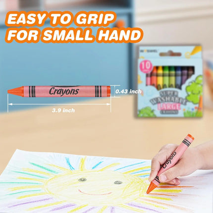 Super Washable Jumbo Crayons Bulk 12 Pack 10 Bright Colors Non Toxic Easy Grip for Toddlers 1-3 & Kids Ages 4-8 Safe Art Supplies for Coloring Books & School Projects
