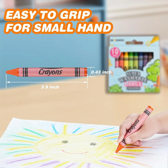Super Washable Jumbo Crayons Bulk 12 Pack 10 Bright Colors Non Toxic Easy Grip for Toddlers 1-3 & Kids Ages 4-8 Safe Art Supplies for Coloring Books & School Projects