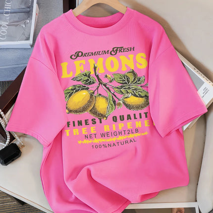Lemons Fruits Premium Fresh Printing T Shirt Woman Loose Cotton Sportswear O-Neck Casual T Shirts Loose All-Match Short Sleeve