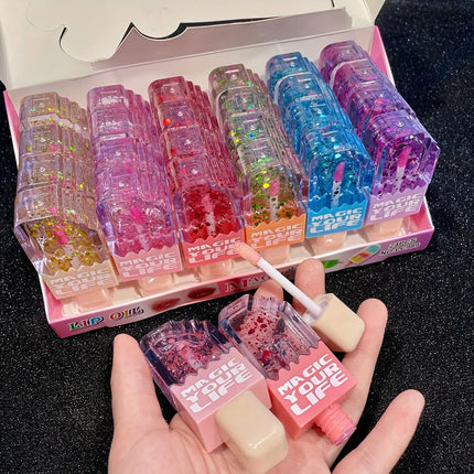 24pcs Cute Cat Sequin Lip Oil Love Shape Colorchanged Lip Gloss Girls Kawaii Natural Moisturizing Lips Makeup Party Gifts