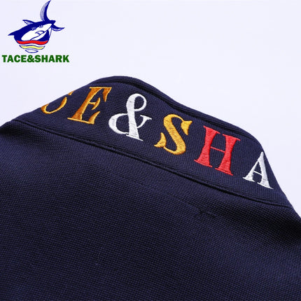 TACE&SHARK Fashion Men's Shark Embroidery Long Sleeve Polo Shirt Cotton Casual Wear Business Solid Color Tops