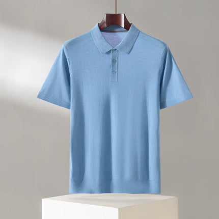 100% Lyocell men's T-shirt casual solid color knitted pullover short sleeved loose POLO collar Tees Pull on vest Tops