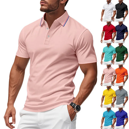 Men's Blue Polo Shirt Short Sleeve Contrast Collar Button Placket Business Casual 2026