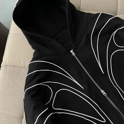 Street Retro Fashion Clothing Striped Embroidered Black Double Zipper Hoodie American Hip-hop Punk Oversized Sweatshirt women
