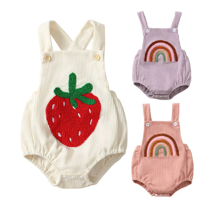 FOCUSNORM 0-12M Infant Baby Girls Boys Cute Overalls Romper Sleeveless Rainbow/Strawberry Embroidery Square Neck Ribbed Jumpsuit