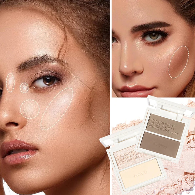 2-in-1 Highlighter & Contour Palette - Matte & Shimmer, Long-Lasting, Non-Greasy, Vitamin E, For All Skin Tones