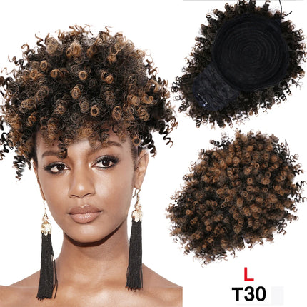 Leeons New Synthetic Afro Kinky Curly Hair Bangs Puff Hair Bun Drawstring Ponytails Clip On Hair Extension Updo Pineapple Fringe