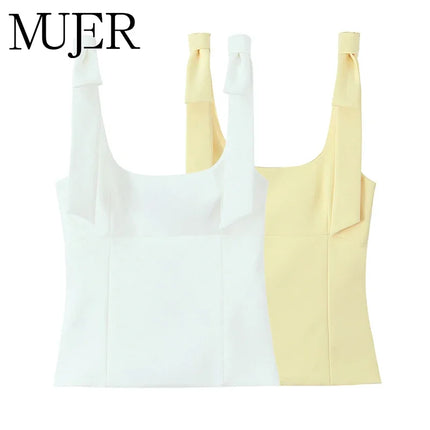 WOMAN 2025 Bow Crop Top Woman Yellow Sexy Backless Top Women White Sleeveless Tops for Women Summer Camisole Bustier Top Female