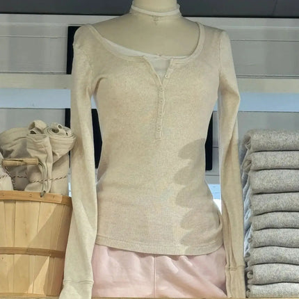Six Buttons Ribbed Long Sleeve T-shirts Women Spring Round Neck Cotton Slim Tee Top Female Sweet Cute Pink Tshirt Y2k Tops New
