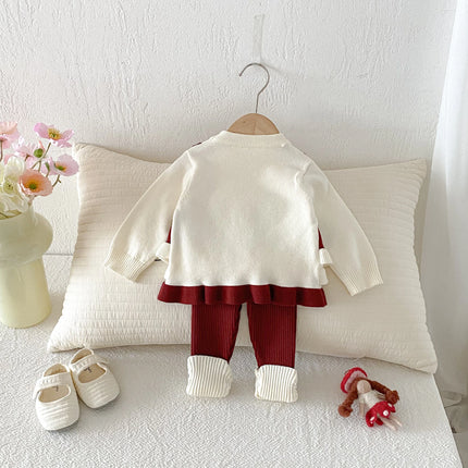 Autumn and winter girl sweater set, faux two-piece overalls knit top + two-piece knit leggings sweet knit set
