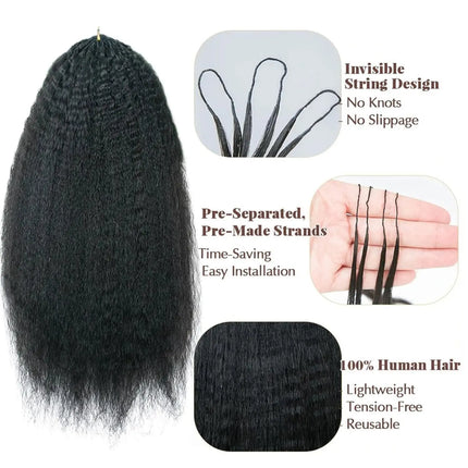 Kinky Straight Feather Crochet Human Hair Extension Yaki Wave Pre Separated Knotless Crochet Hair Micro Bundles With Loop