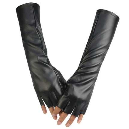 Sexy Black PU Leather Long Gloves Ladies Hip-pop Leather Half Finger Gloves Clubwear Punk Style Cosplay Costumes Dance mittens
