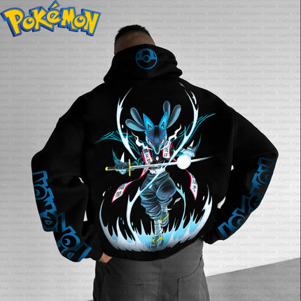 Black Cotton Pokemon Hoodie and Harajuku Pants Set with Lucario Back Print Blue White Aura Effects and Sleeve Character Design